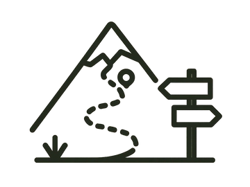 Line art of a mountain trail with a signpost and a marked path.