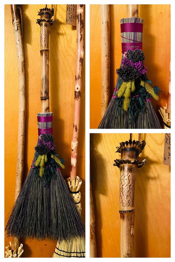 one of a kind hand made hearth broom with floral accents
