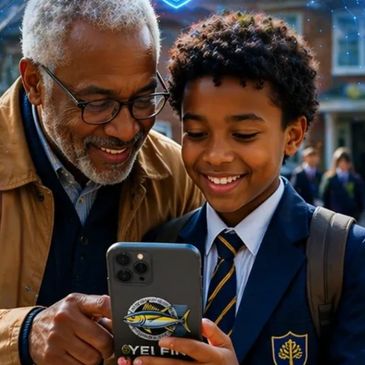 Grandfather and grandson happily looking at a phone together.