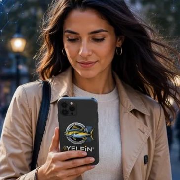 Woman looking at phone with a smile outdoors in a beige coat.