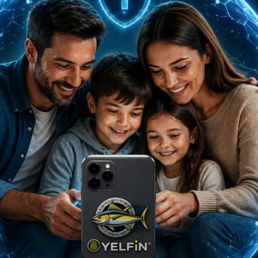 A happy family of four enjoying a video call on a smartphone.