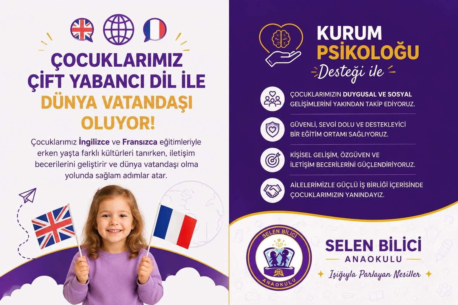 Selen Bilici Anaokulu promotes bilingual education and psychological support for children's development.