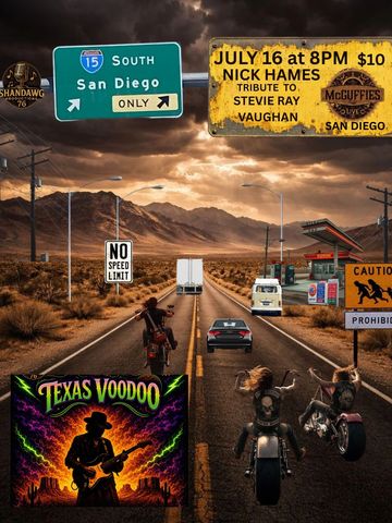 Motorcyclists on a desert highway with event and road signs.