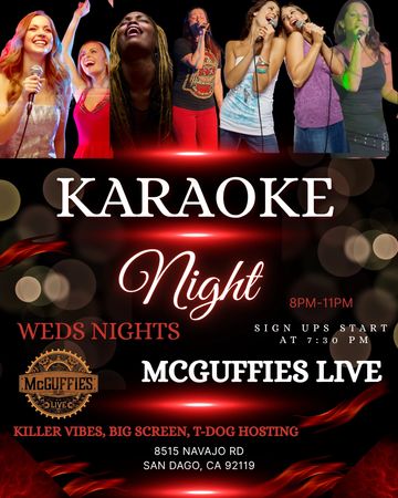 Karaoke night event flyer with singing group images.