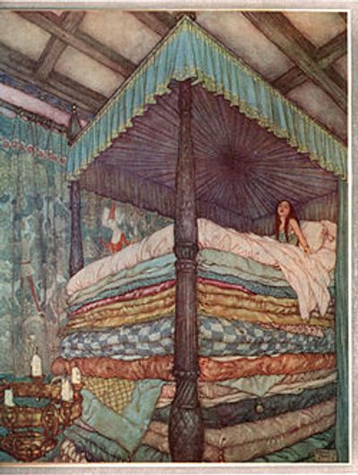 Painting of the Princess sitting high on top of a stack of mattresses 