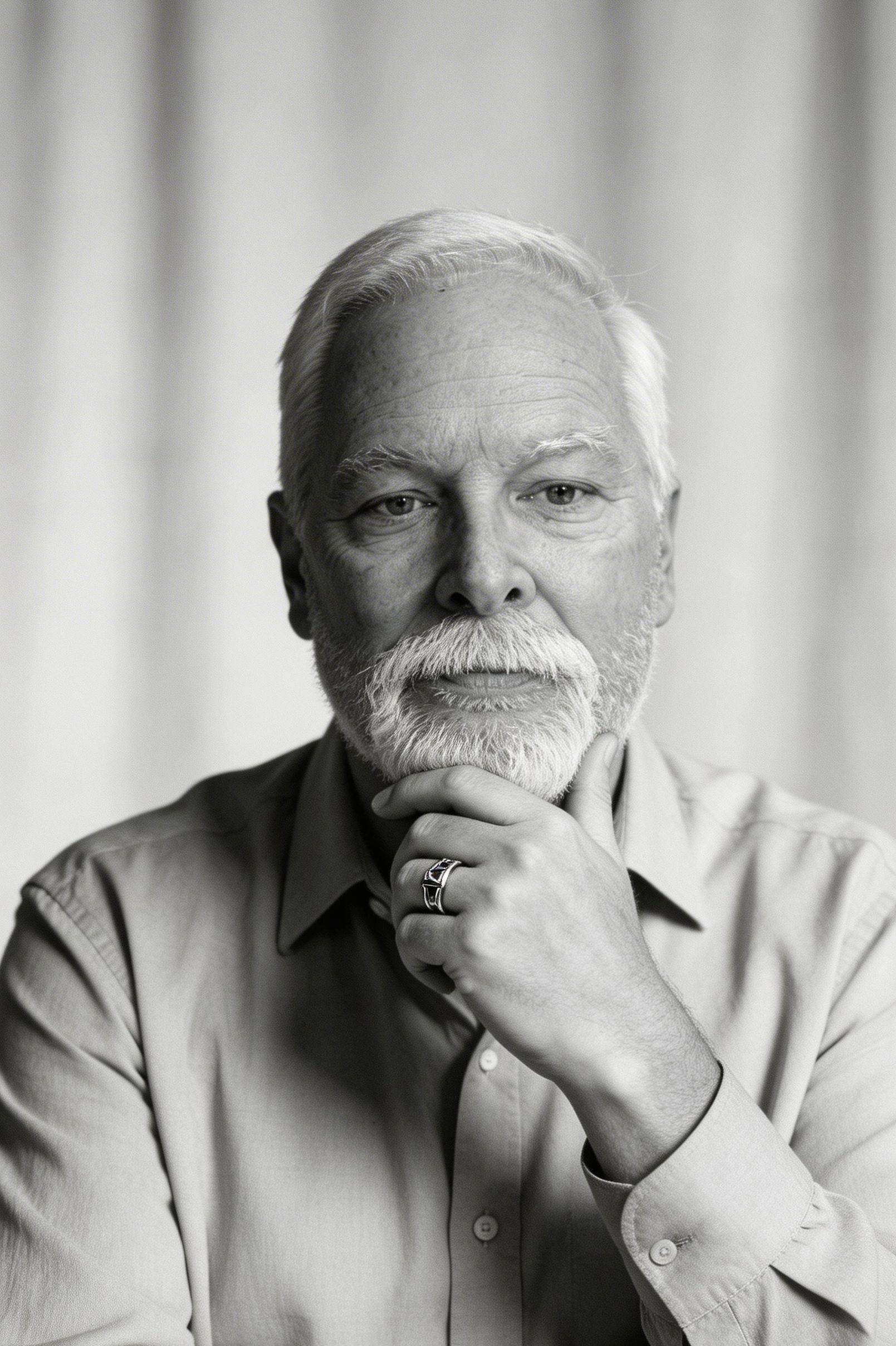 Black and white portrait of an elderly man with a beard, thoughtfully resting his chin on his hand.