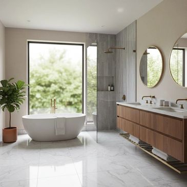Luxury bathroom remodels featuring custom tile, frameless glass showers, & premium fixtures serving