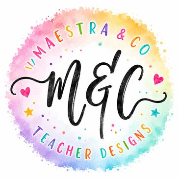 Colorful watercolor logo for Maestra & Co Teacher Designs with playful lettering.