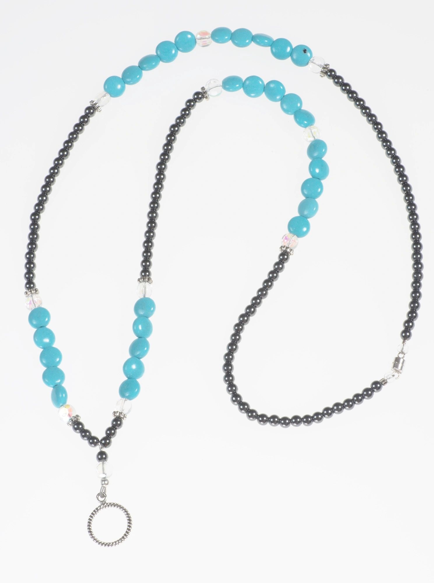Lanyard with flat turquoise beads, round clear beads, small hematite beads, magnet clasp
