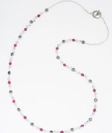 Necklace has Swarovski ruby crystals,white pearls,round clear beads,round silver beads,toggle clasp