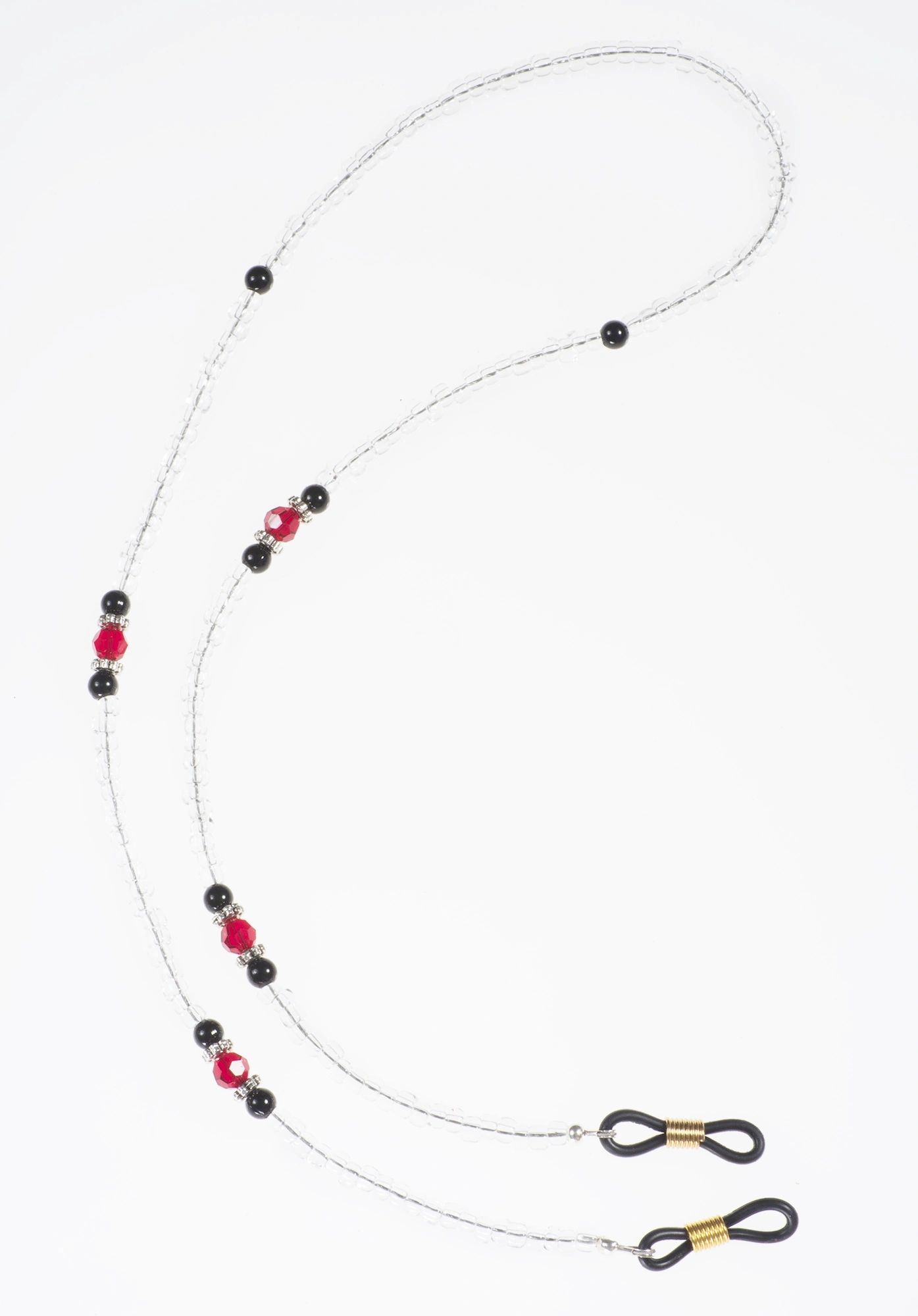 Eye glass holder has Swarovski ruby crystals, silver spacers, round black beads,rubber ends