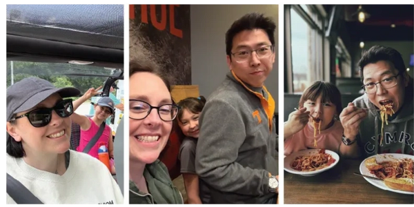 Three photos showing people enjoying time together outdoors, indoors, and dining.