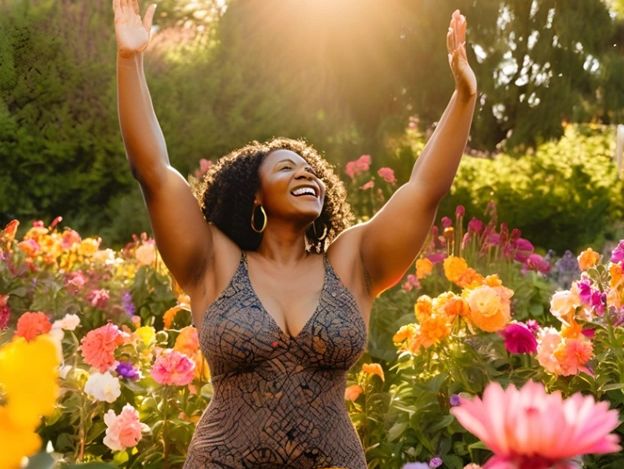 Black woman in garden with arms spread to the sky.