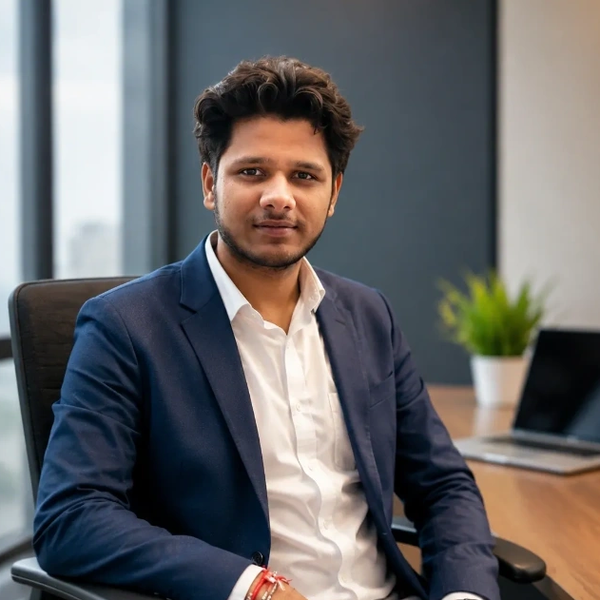Young professional man in a suit sitting confidently in an office.