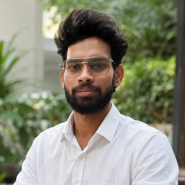 Young man with glasses and beard wearing a white shirt outdoors.