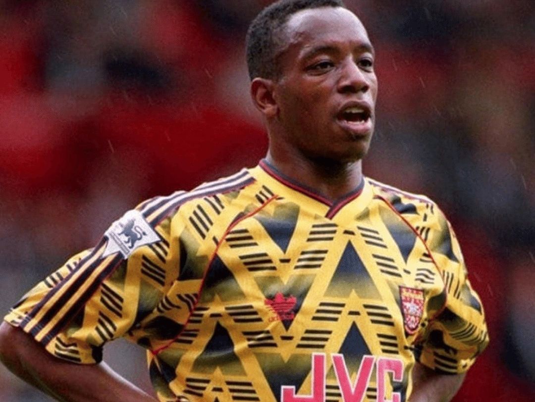 Ian Wright wearing a 1991-93 Arsenal away shirt. classicfootballshirts, cheap football shirts.