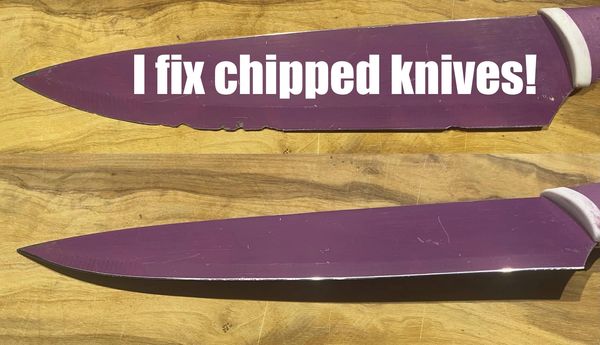 Before and after image of a repaired chipped knife blade.