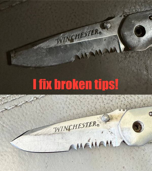 Before and after image of a repaired Winchester pocket knife blade.