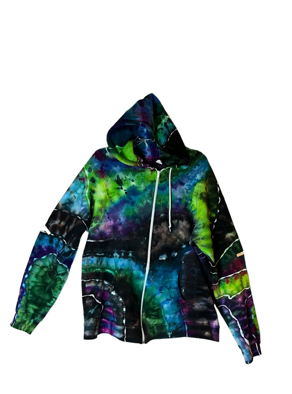 Tie-dye hoodie with vibrant green, blue, purple, and black patterns