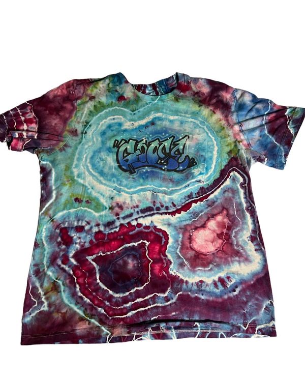 Hand-dyed tie-dye t-shirt featuring a graffiti-style 'Goose' logo