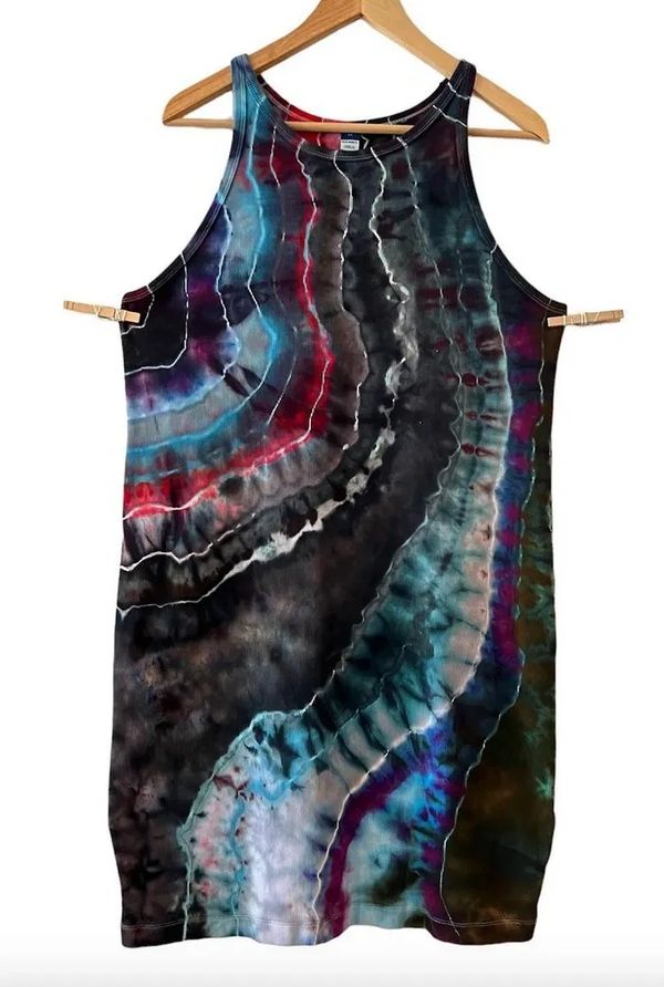 Hand-dyed tie dye tank dress with blue, red, black, and gray patterns.