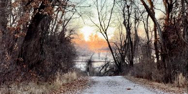 The sun sets over the trees that surround the lake as we walk from the group camp lodge to The Cabin
