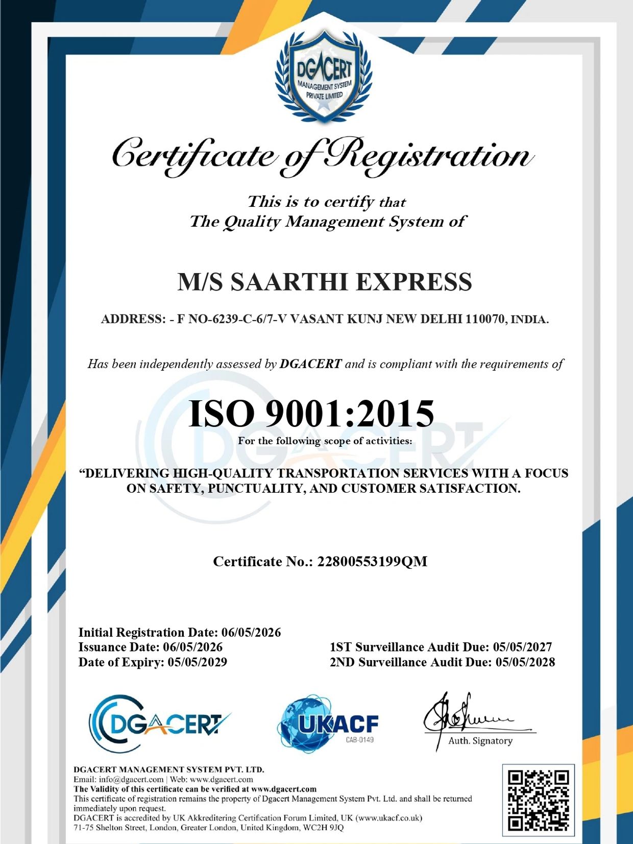 ISO 9001:2015 certificate for M/S Saarthi Express in transportation services.