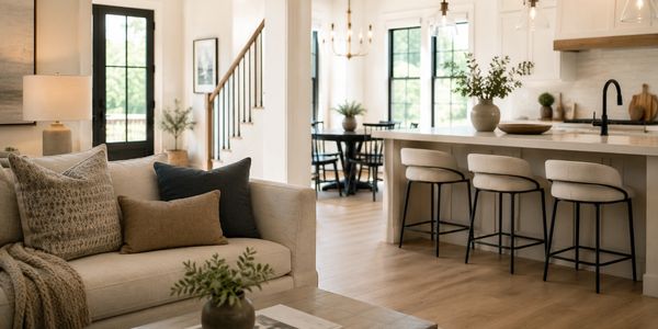 Elegant modern interior inspired by luxury homes near Round Rock with soft neutral textures, cozy st