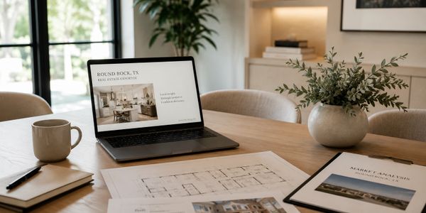 Modern real estate consultation workspace featuring market reports, architectural floorplans, a lapt