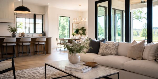 Bright modern living room in an upscale Central Texas home featuring an open-concept kitchen, warm n