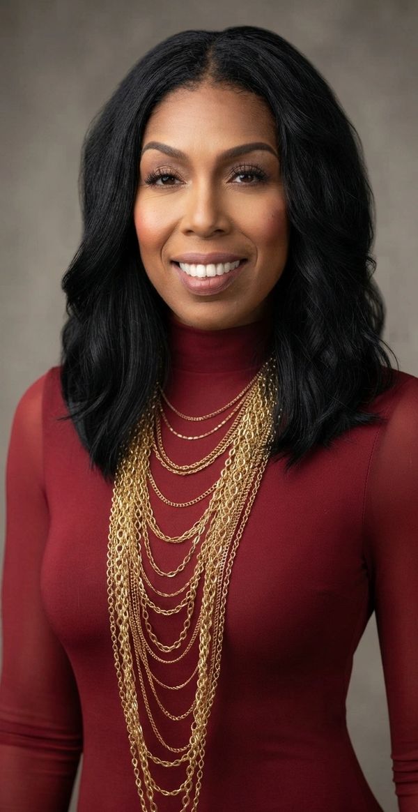 Woman in a maroon top with layered gold chains smiling.