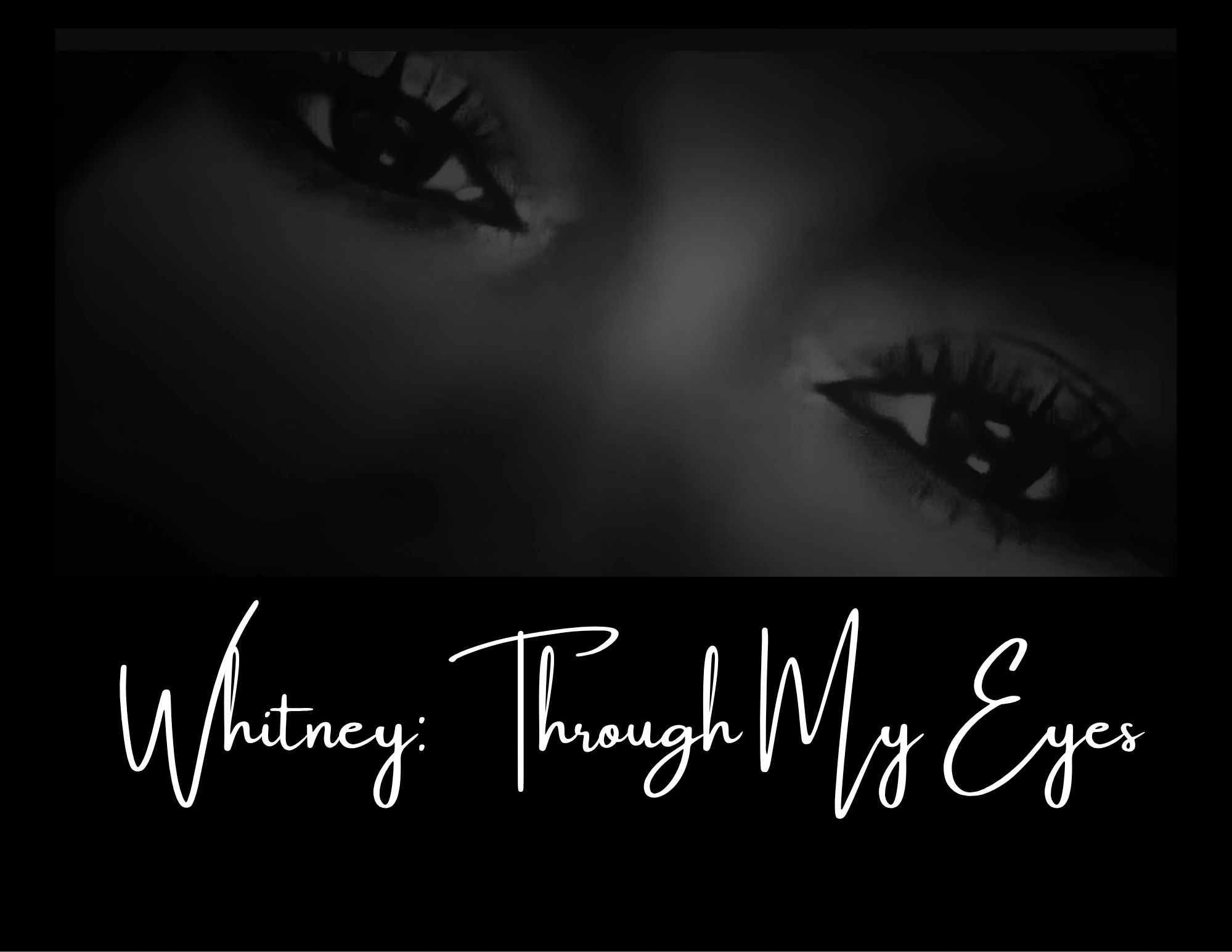 Black and white close-up of expressive eyes with text.