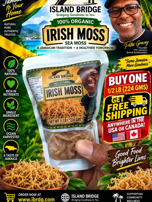 Organic Irish Moss from Island Bridge: rich, natural, and authentic Jamaica tradition.
