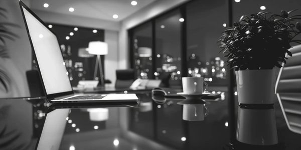 Office workspace with a laptop, coffee cup, and plant, with Magblack, branding and marketing agency.