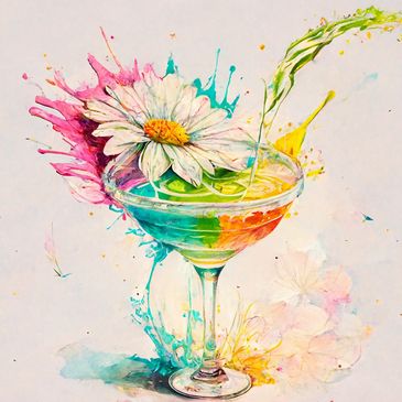 A margarita cocktail that is colourful with a white daisy