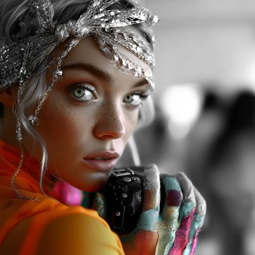 Close-up of a person with a jeweled headpiece and colorful gloves holding a camera.