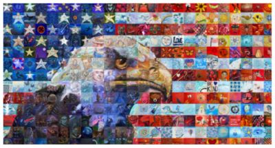 Mosaic American flag with eagle image.