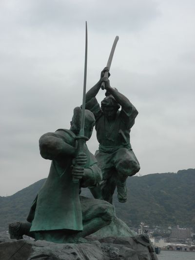 Statues of Miyamoto Musashi and Sasaki Kojiro's famous duel at Ganryu island.