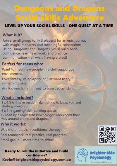 Flyer for a Dungeons and Dragons social skills adventure for teens to build confidence and teamwork.