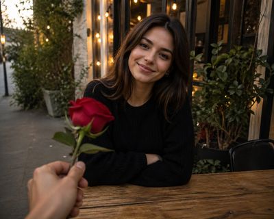 A woman smiles warmly as someone offers her a red rose at an outdoor cafe.