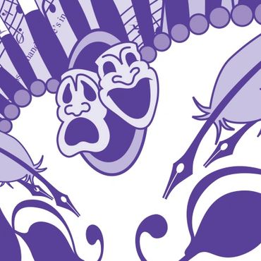 Digital illustration for Mardi Gras-themed fundraising event featuring mask of art tools/symbols