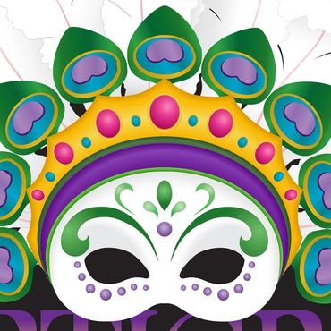 Digital illustration for Mardi Gras-themed fundraising event featuring mask and peacock feathers