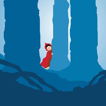 Digital illustration for "Into The Woods" play featuring Little Red Riding Hood amongst trees