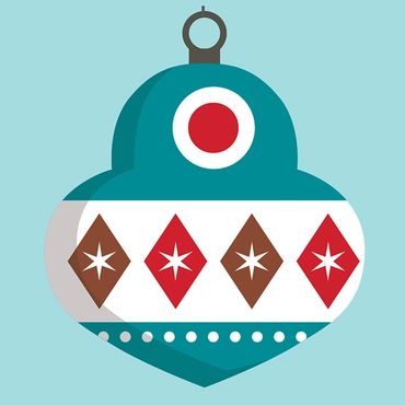 Digital illustration for "It's A Wonderful Life" play featuring vintage Christmas ornaments