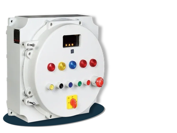 Industrial control panel with multiple colored buttons and switches.