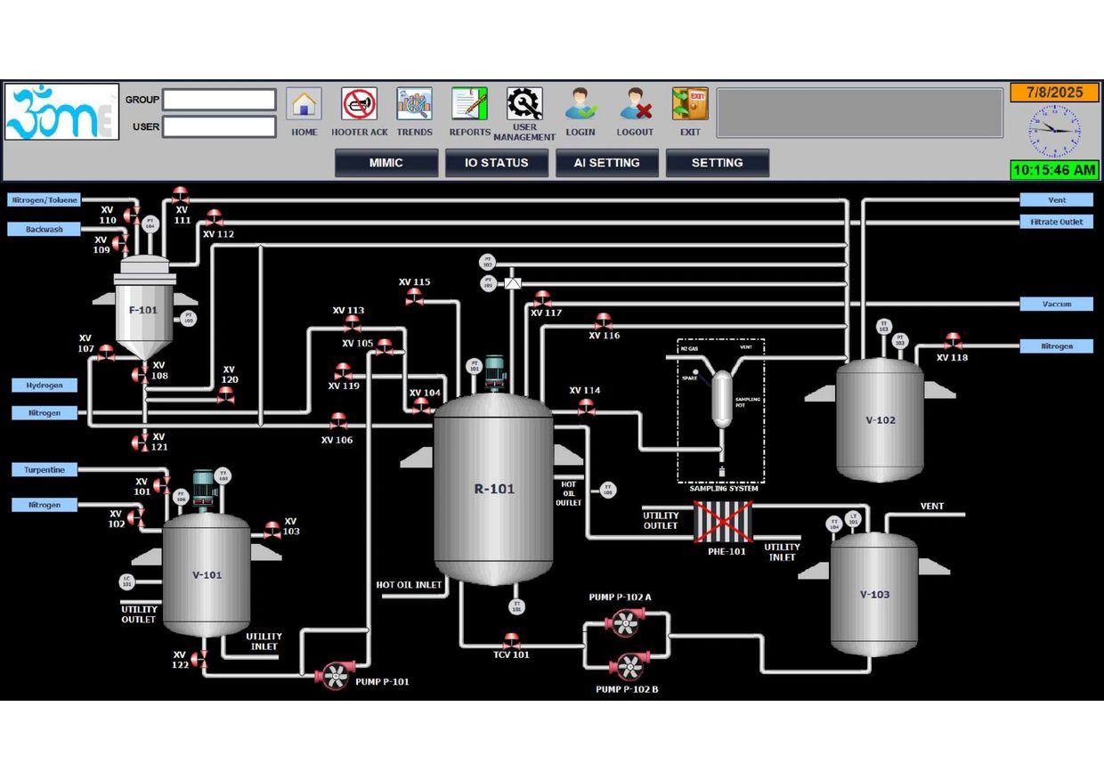 Industrial process control interface showing tanks, pumps, valves, and flow lines.
