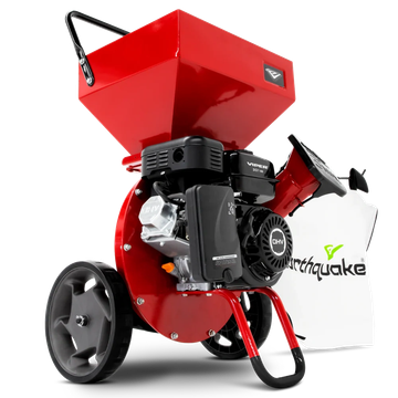 Red Earthquake chipper shredder with white collection bag.