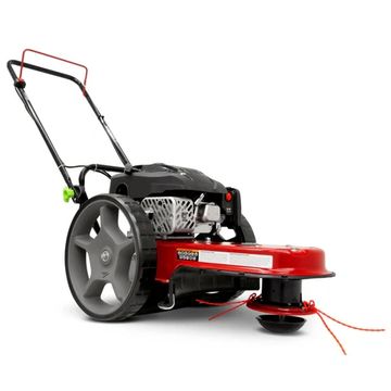 A motorized grass trimmer with large wheels.