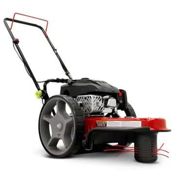A modern red and black lawn mower.
