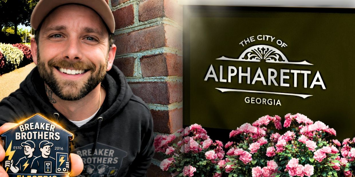 Smiling man with Breaker Brothers Electric logo next to Alpharetta, Georgia sign and pink flowers.